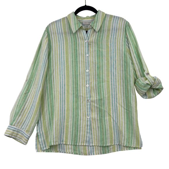 Studio Works Linen Blouse Womens Size L Green Stripe Button Up Roll Tab Sleeves - Picture 1 of 11